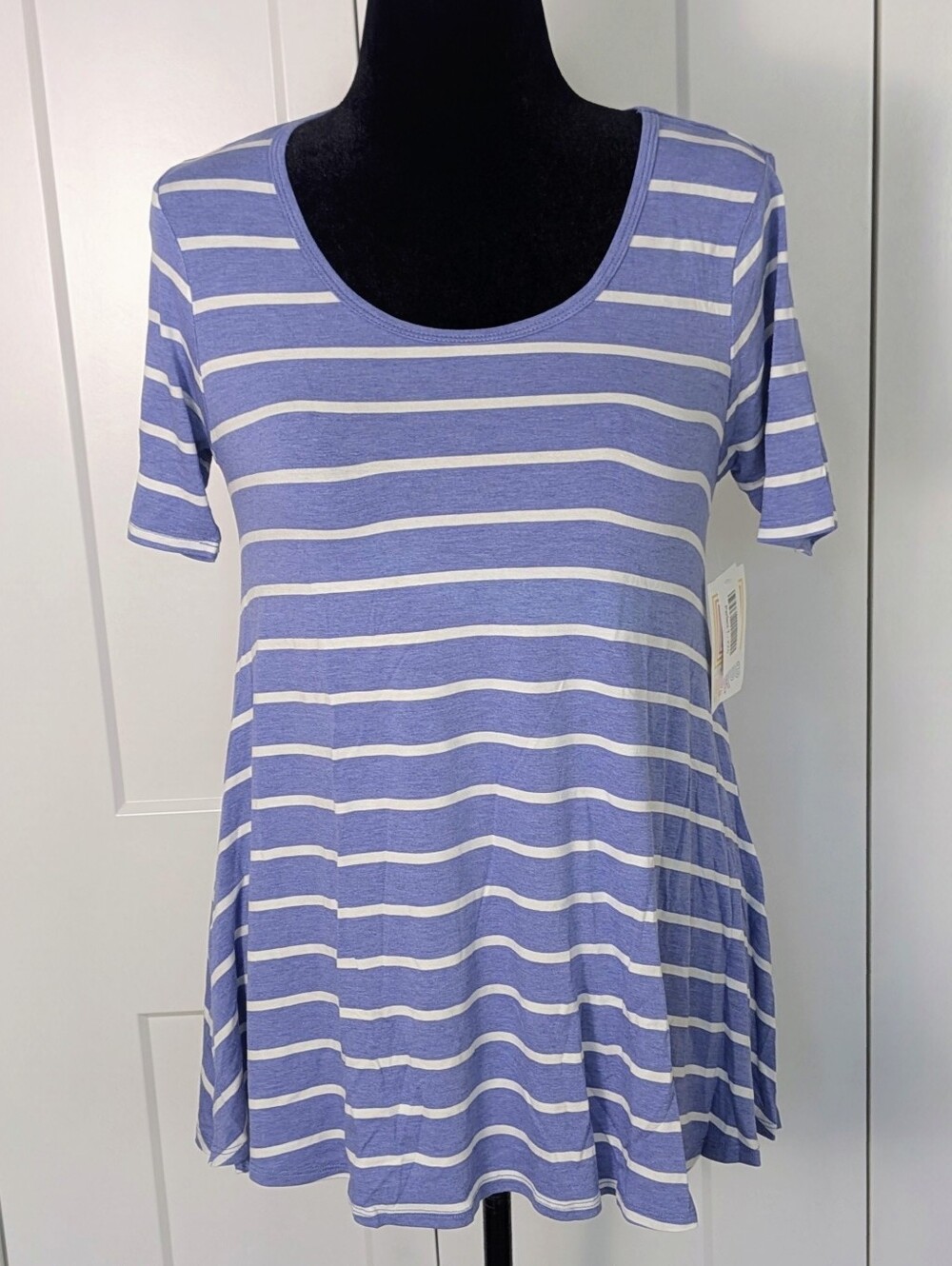 LulaRoe Perfect T-Shirt tunic XXS white blue Striped Round Neck Short Sleeve New